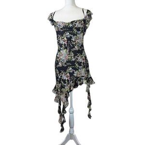 NWT Forever 21 Ruffle Fringe Mini Dress Charcoal Gray Floral Strappy Size Small